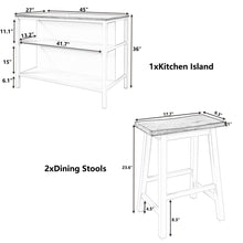 Load image into Gallery viewer, Rustic 3 Piece Stationary Kitchen Island Set With 2 Seatings, With 2 Open Shelves
