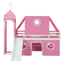 Load image into Gallery viewer, Twin Size Bunk Bed with Slide Pink Tent and Tower - Pink
