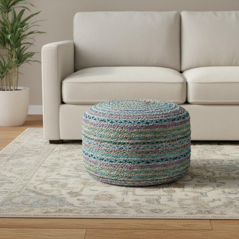 Jute Round Pouf Ottoman - Green