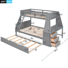 Load image into Gallery viewer, Twin over Full Bunk Bed with Trundle and Built-in Desk, Three Storage Drawers and Shelf,Gray
