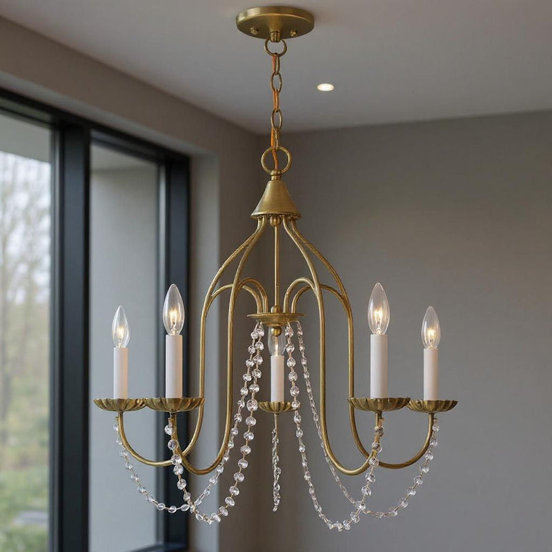 Five Light Dimmable Chandelier With Shades - Antiqued Brass