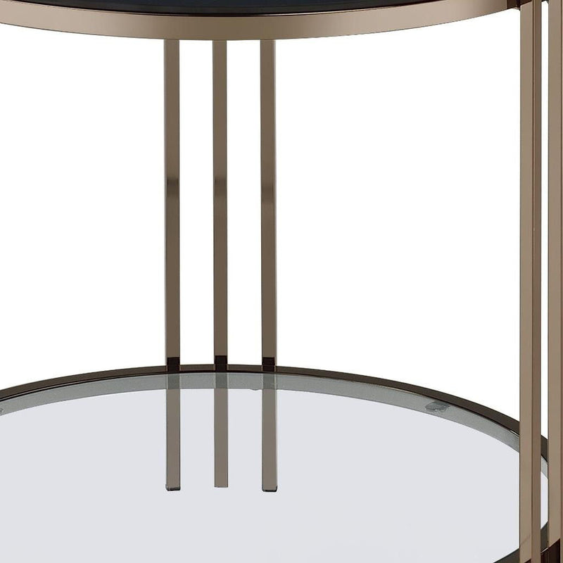 Stone And Metal Round End Table With Shelf - Black / Champagne
