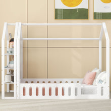 Load image into Gallery viewer, Twin Size Wood House Bed with Fence and Detachable Storage Shelves, White
