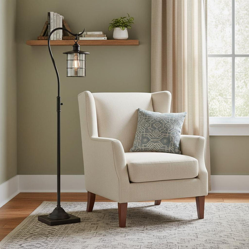 Lantern Style Floor Lamp With Glass And Metal Shade - Antiqued Bronze