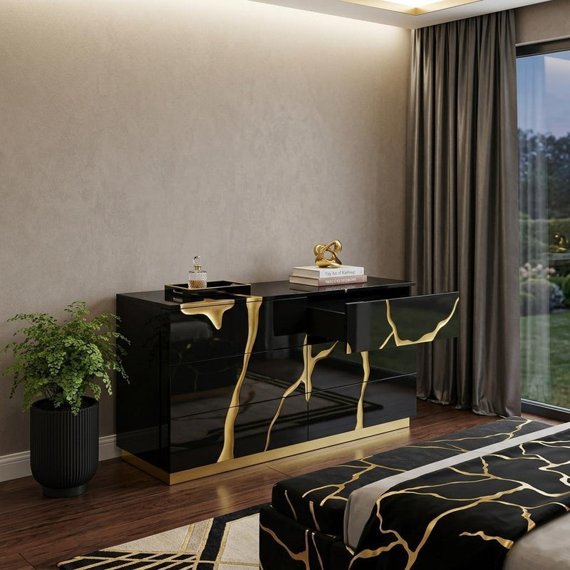 Wood Six Drawer Double Dresser - Black And Gold