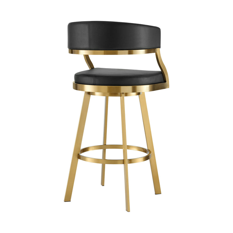 30" Faux Leather And Stainless Steel Low Back Bar Height Swivel Bar Chair - Black / Gold
