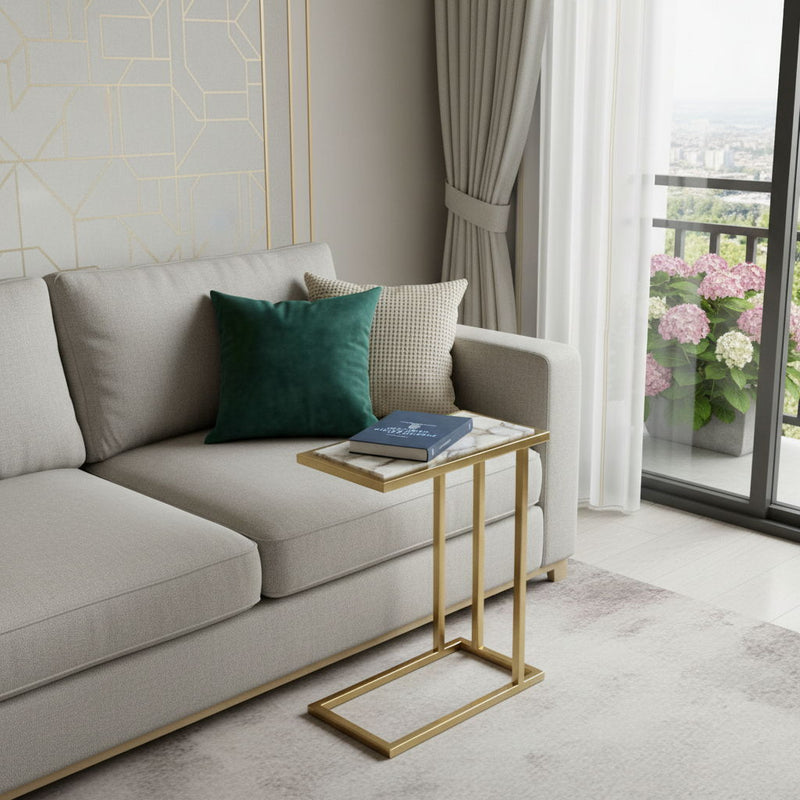 Marble Iron End Table - White / Gold