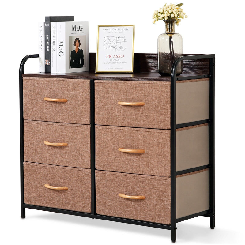 Fabric And Metal Accent Chest With Two Shelves And Six Drawers - Brown