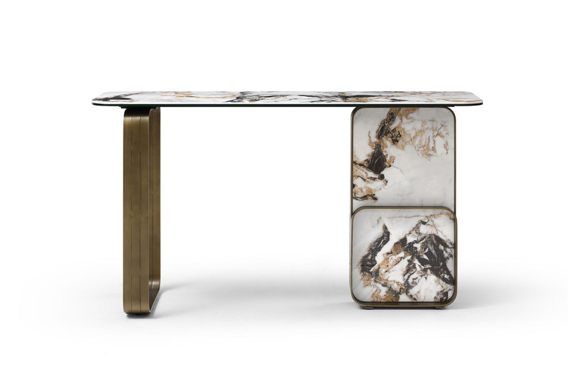 Ceramic Tile Metal Double Pedestal Console Table - White / Bronze