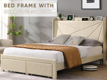 Load image into Gallery viewer, Full Size Bed Frame with 2 Storage Drawers, Upholstered Bed Frame with Wingback Headboard Storage Shelf Built-in USB Charging Stations and Strong Wood Slats Support, No Box Spring Needed, Beige
