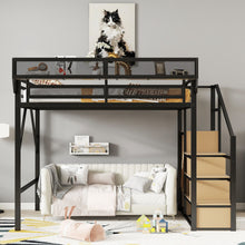 Load image into Gallery viewer, Queen Size Loft Bed &amp; Stairs, Storage Shelves, Wardrobe - Black / Wood
