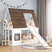 Load image into Gallery viewer, Wood Twin Size House Bunk Bed With Roof, Ladder And Slide - White / Brown
