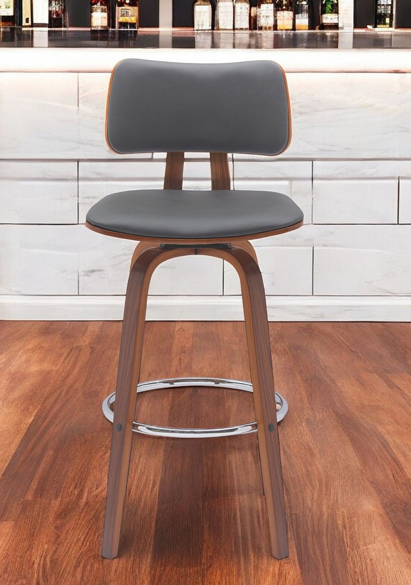 30" Faux Leather Swivel Low Back Bar Height Bar Chair - Gray And Wood Brown