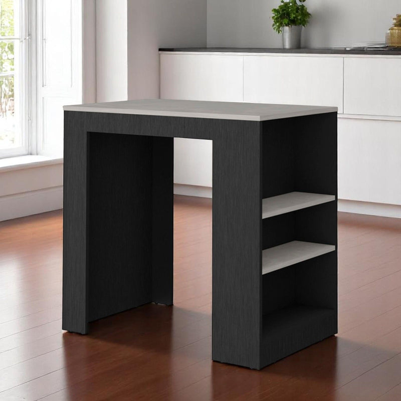 36" Faux Marble And Wood Kitchen Island With Storage - Black / Gray