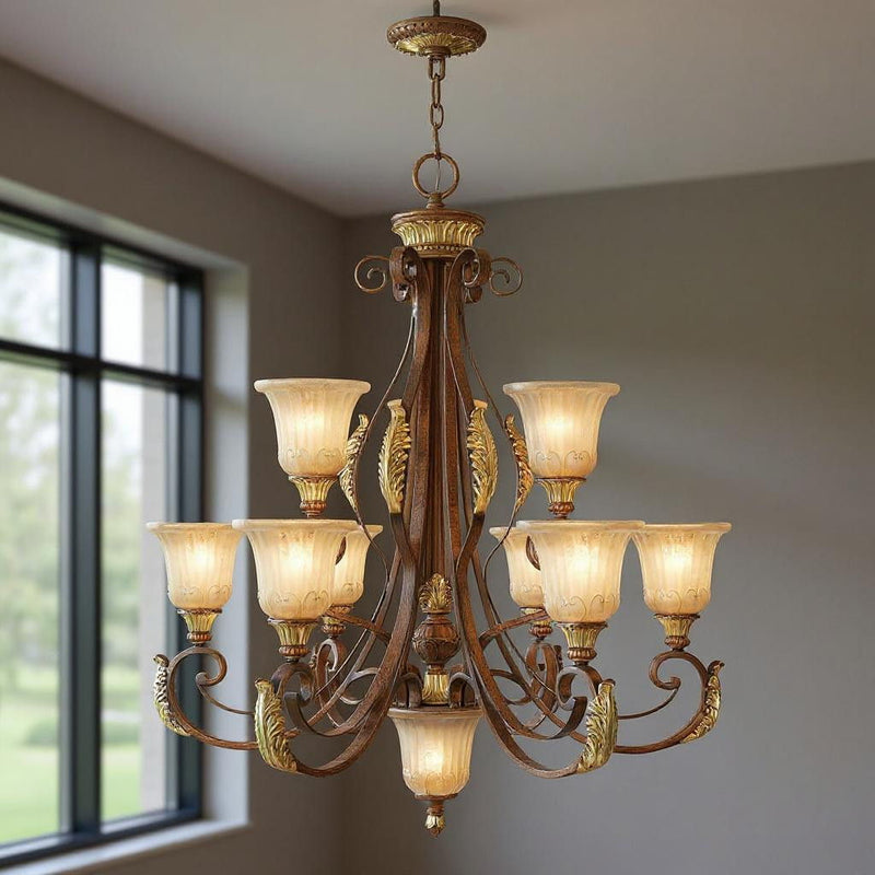 38" Ten Light Dimmable Chandelier With Shades - Bronze
