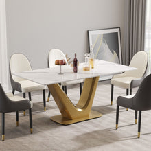 Load image into Gallery viewer, 70.84&quot; Modern Artificial Stone Panel V-Shaped Metal Legs, Can Accommodate 6-8 People - White / Gold
