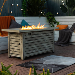 54" Propane Gas Fire Pit Table, 50000 Btu Rectangular Steel Fire Pit With Imitation Wood Grain For Outside Patio Deck Garden Courtyard - Light Beige