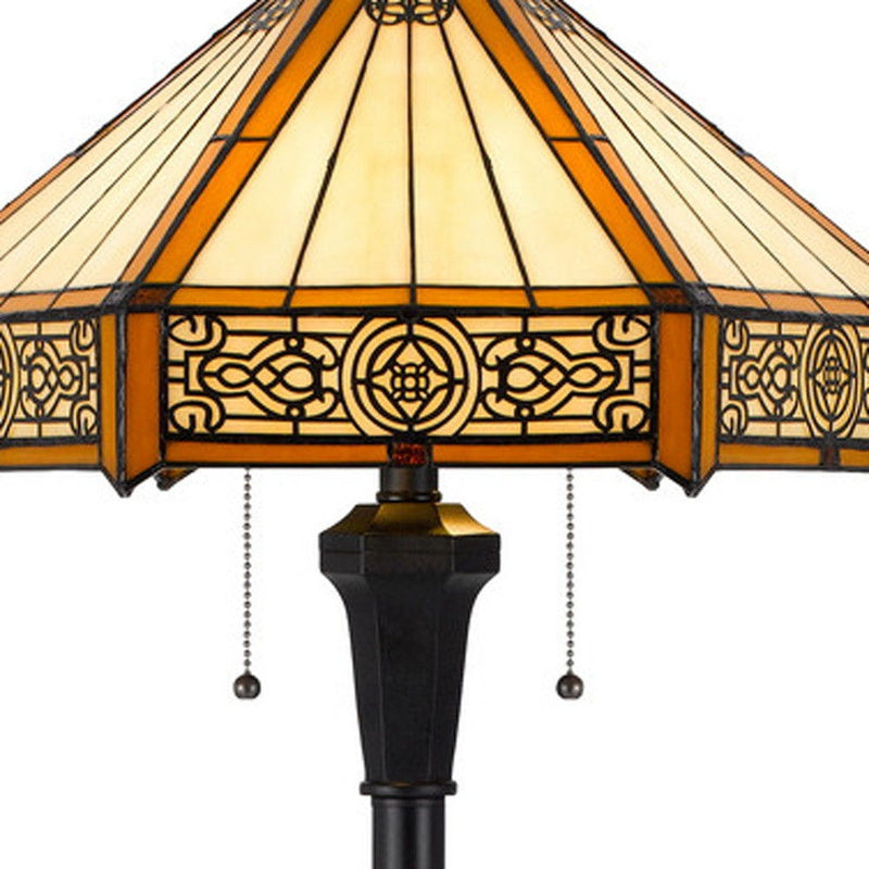 Two Light Traditional Shaped Floor Lamp With Orange And Ivory Abstract Tiffany Glass Empire Shade - Bronze