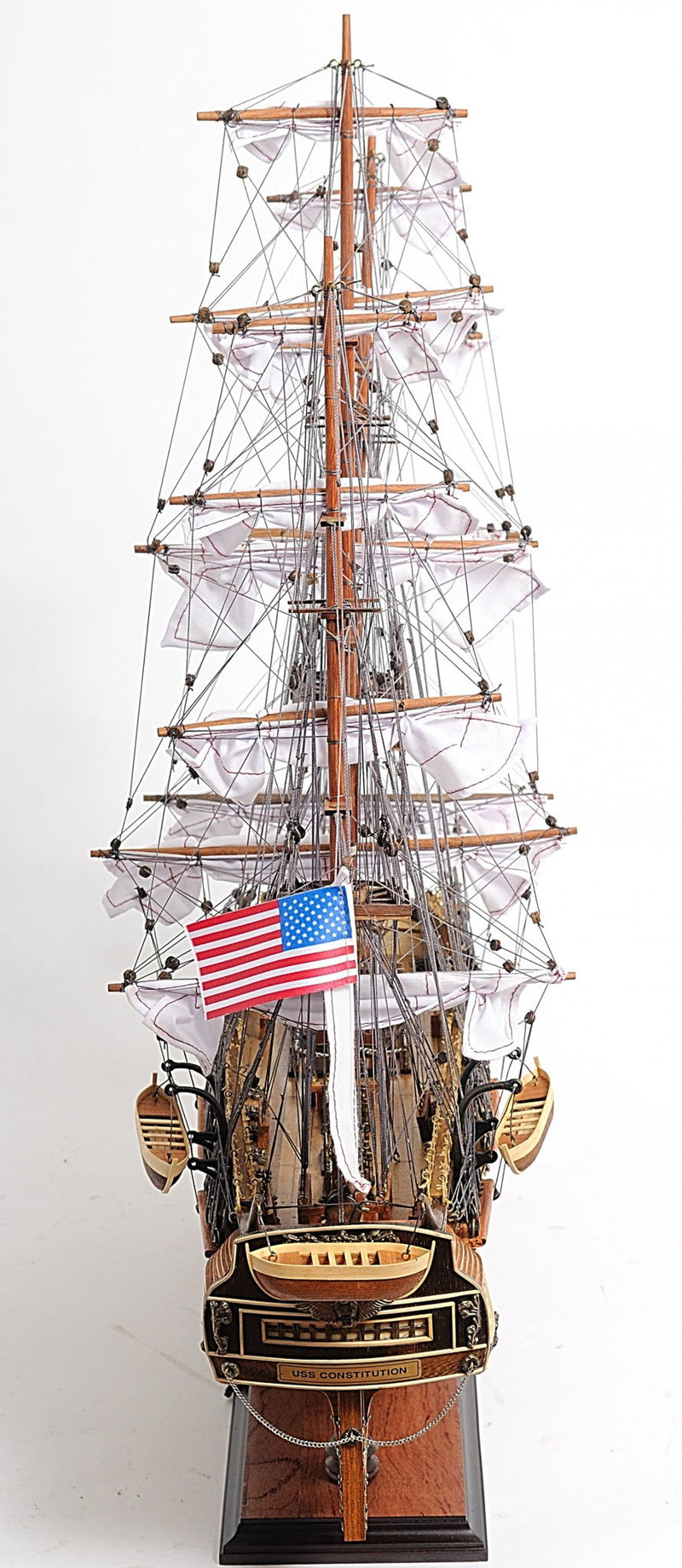 Hand Painted 1797 USS Constitution Medium Open Fron Display Case Model Boat - Brown