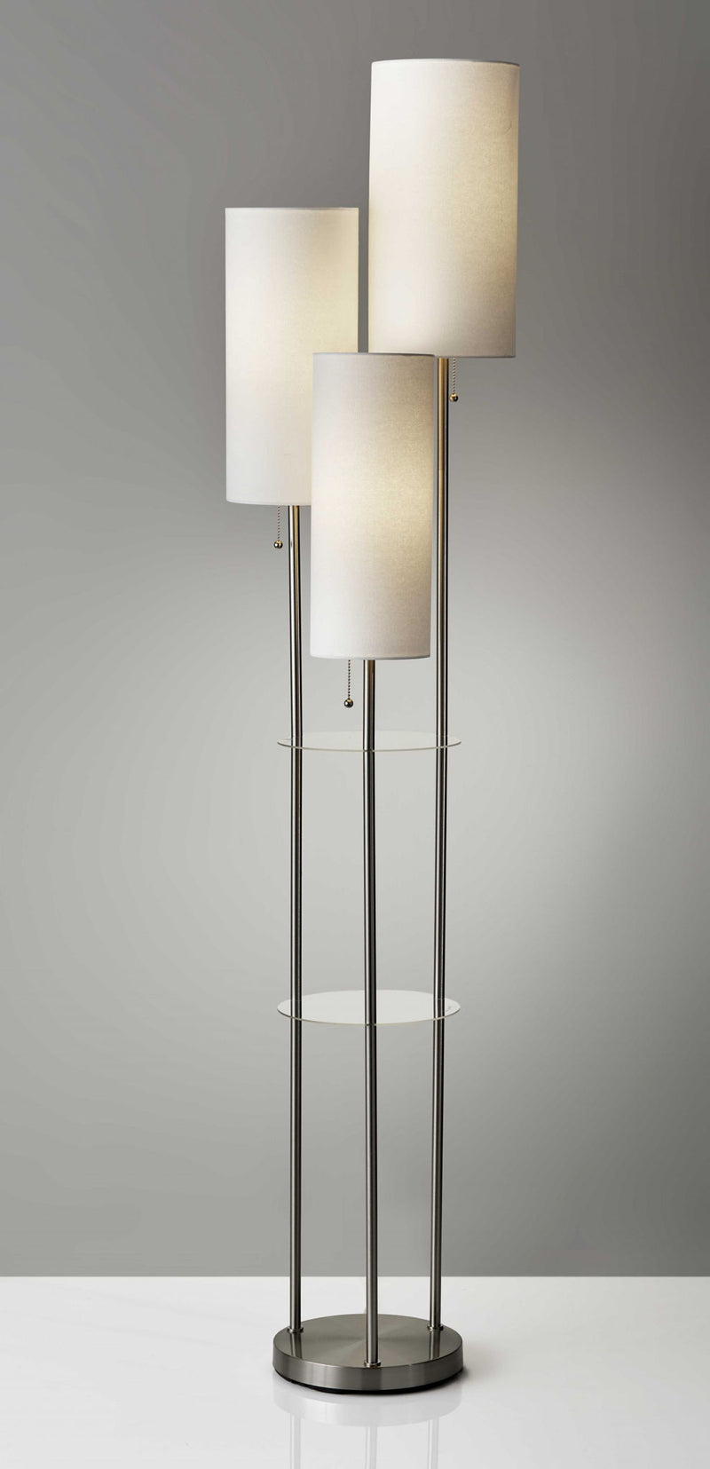 Steel Three Light Floor Lamp With Linen Cylinder Shades - White / Silver