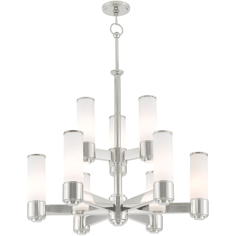 Nine Light Metal Dimmable Chandelier With Shades - Nickel / Opal