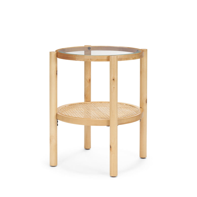 24" Clear And Glass And Solid Wood Round End Table With Shelf - Natural And Royal Purple