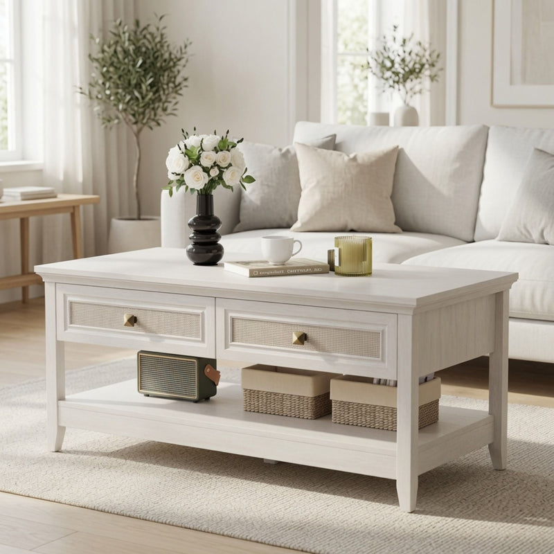 Coffee Table With Drawers & Storage Shelf - White