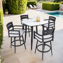 Load image into Gallery viewer, Modern Outdoor Patio Bar Set, Rounded Square Table &amp; Bar Chairs, Non Rust Frame, Tapered Legs, Sunbrella Cushion
