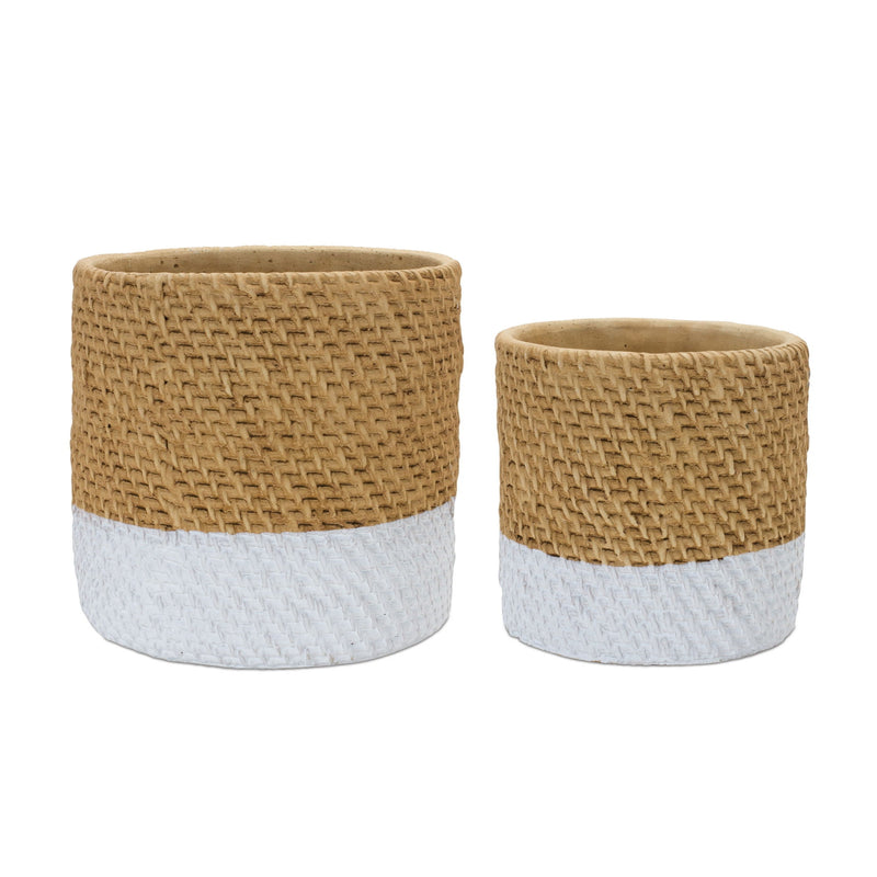 Cement 22" Ounce Two Toned Round Pot Planters (Set of 2) - Brown And White
