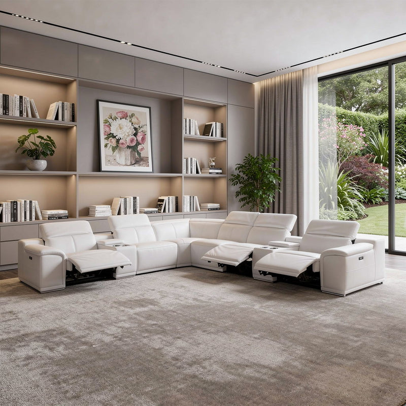 Italian Leather Power Reclining Eight Piece Corner Sectional With Console - White