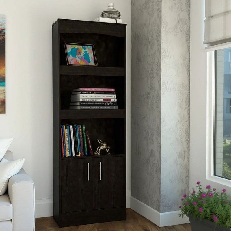 Wood Three Tier Bookcase With Two Doors - Light Gray