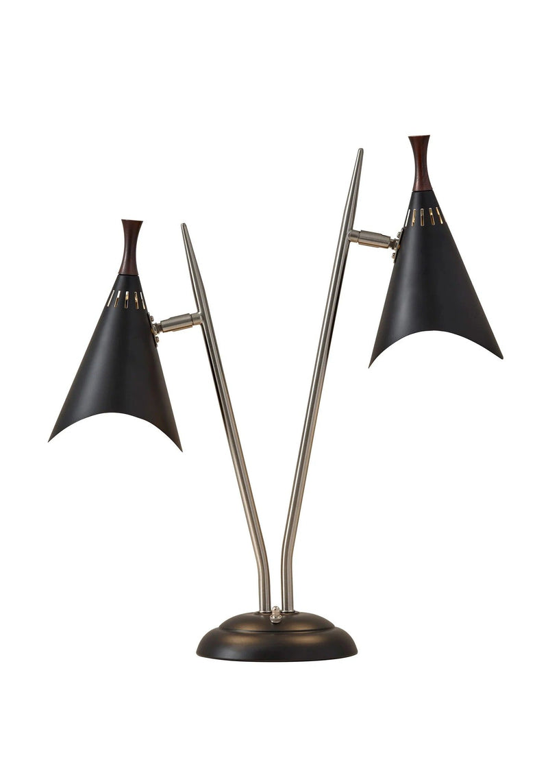 Metal Two Light Desk Lamp With Black Cone Shades - Black And Silver