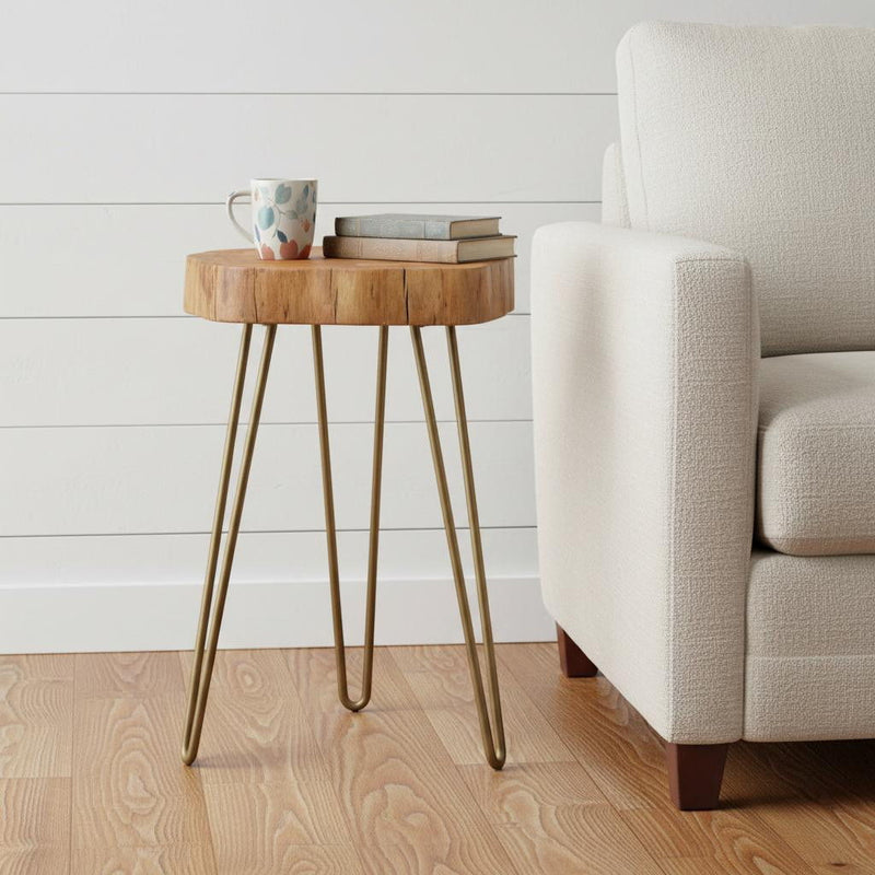 Solid Wood Round End Table - Gold And Natural
