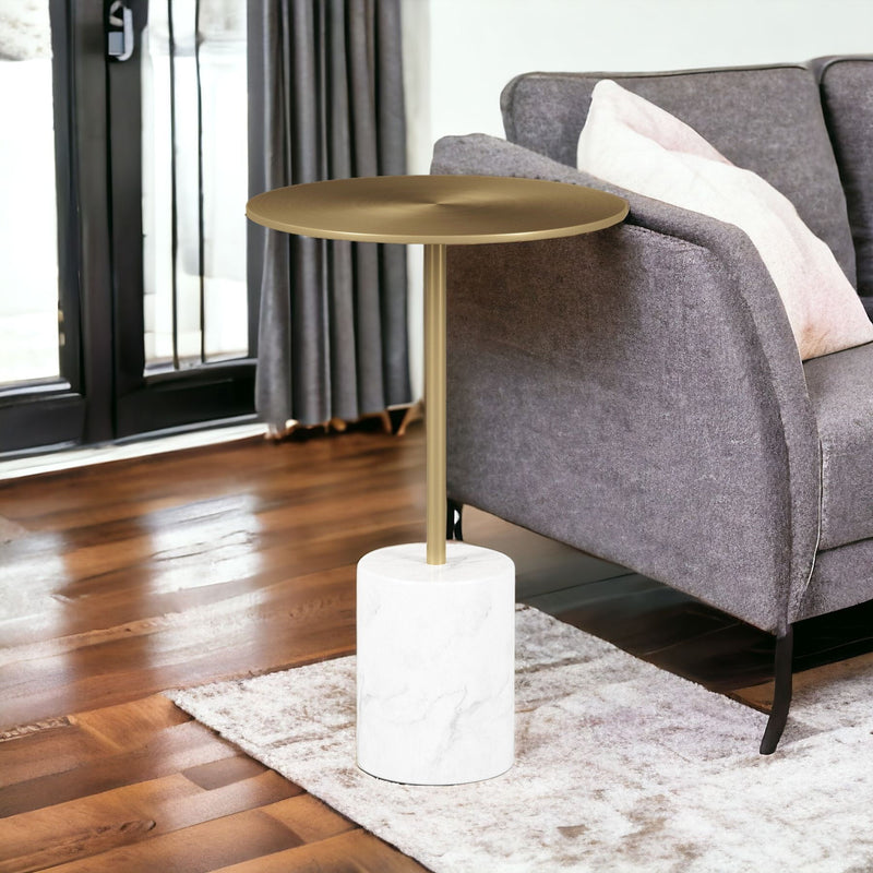 Steel And Marble Round End Table - White And Gold