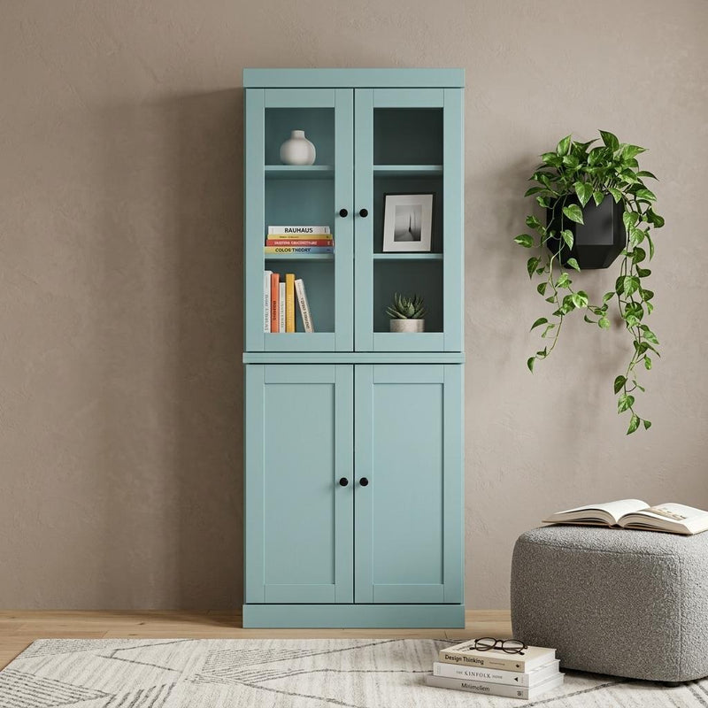 Solid Wood Adjustable Six Tier Library Bookcase With Two Doors (745624) - Aqua