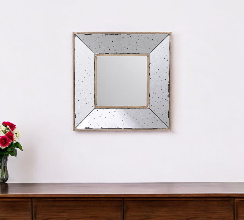 12" Square Wall Mounted Vintage Style Glass Frame Accent Mirror - Silver