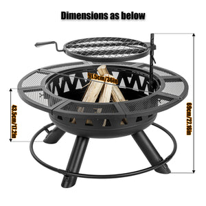 36〞Fire Pit for Outside Wood Burning Fire Pit Tables with Metal Lid,BBQ Net Black