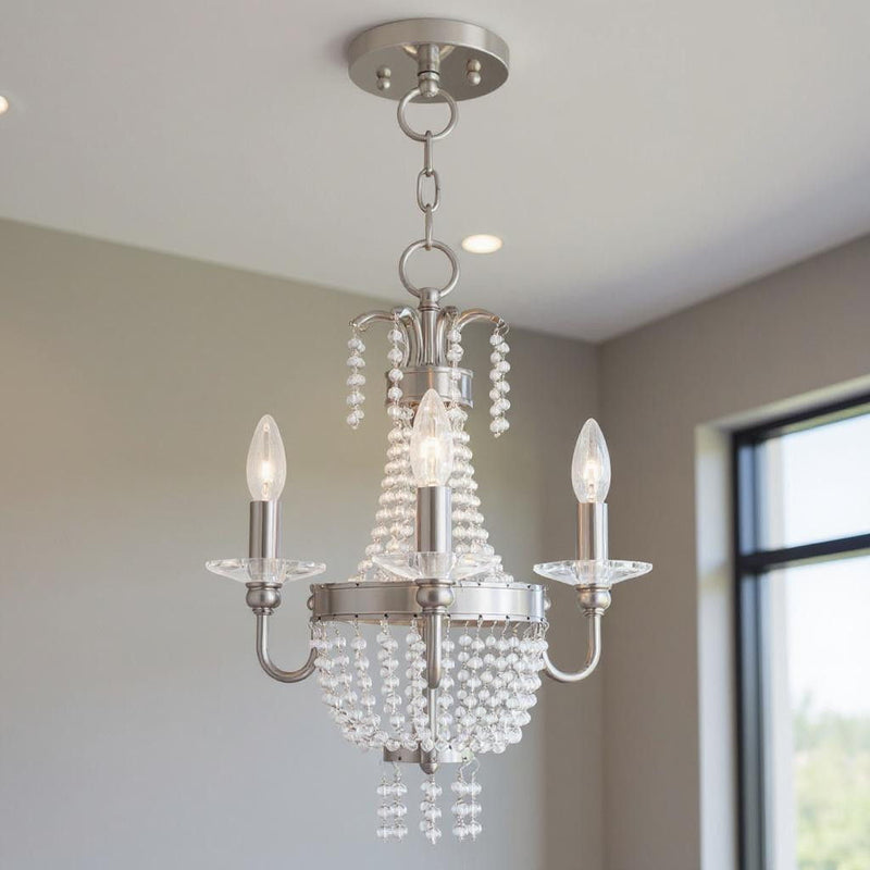 19" Three Light Metal Dimmable Chandelier With Shades - Nickel / Clear