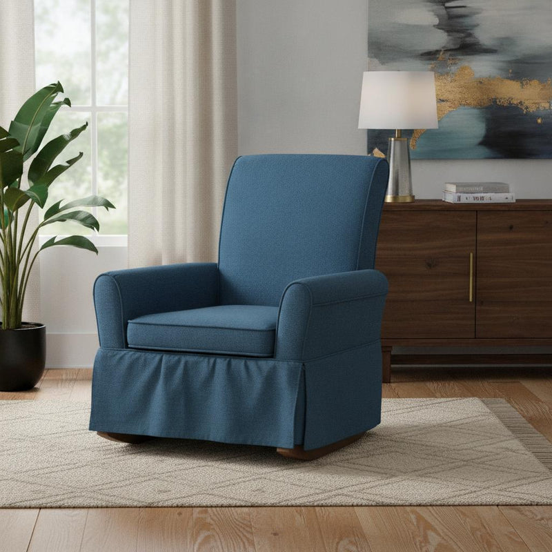 Cotton And Solid Wood Swivel Nursery Glider Rocking Chair - Blue And Natural
