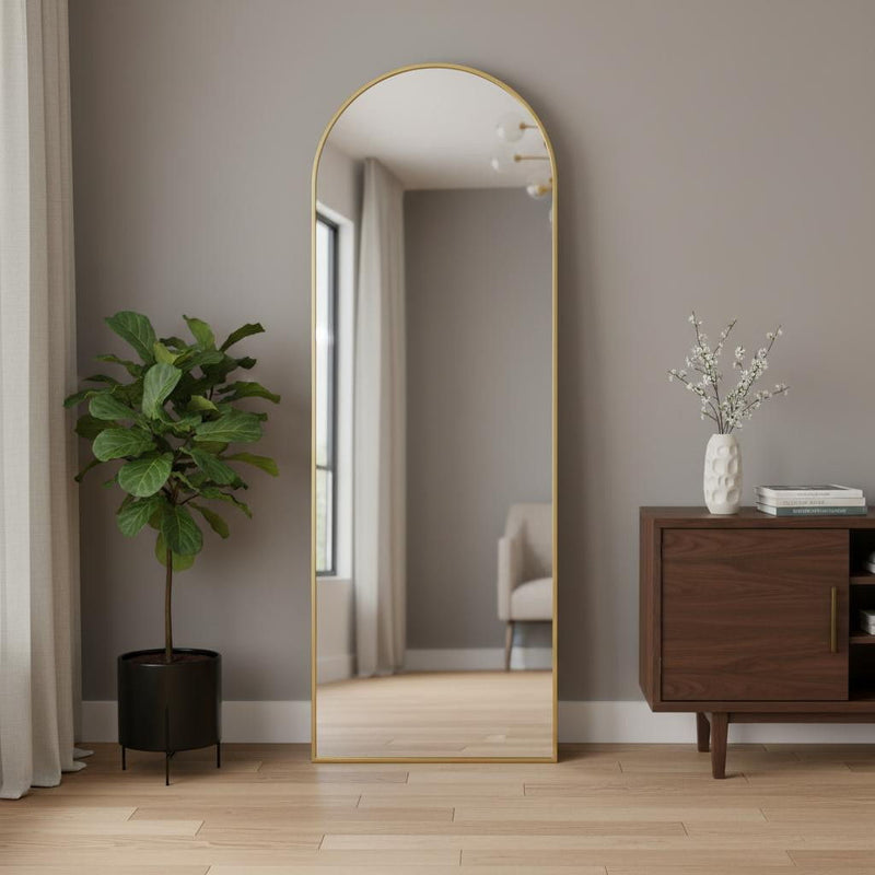 64" Metal Arch Freestanding Framed Standing Mirror - Gold