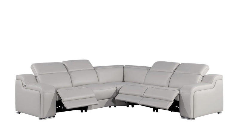 Italian Leather Power Reclining Curved Five Piece Corner Sectional With Console - Light Gray