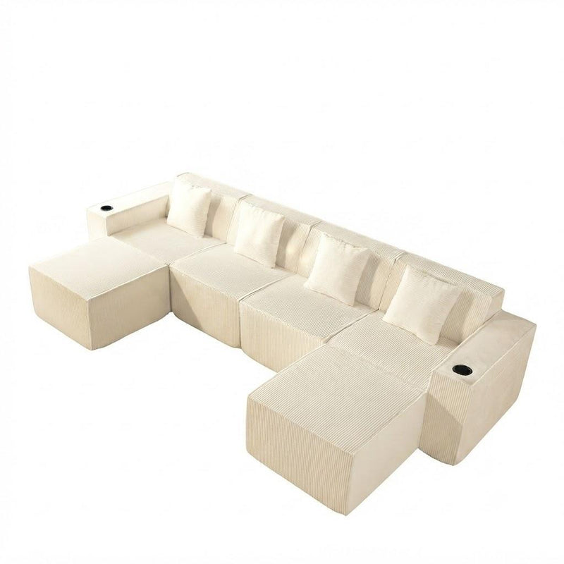 Corduroy Modular Sofa With Ottoman And Toss Pillows - White