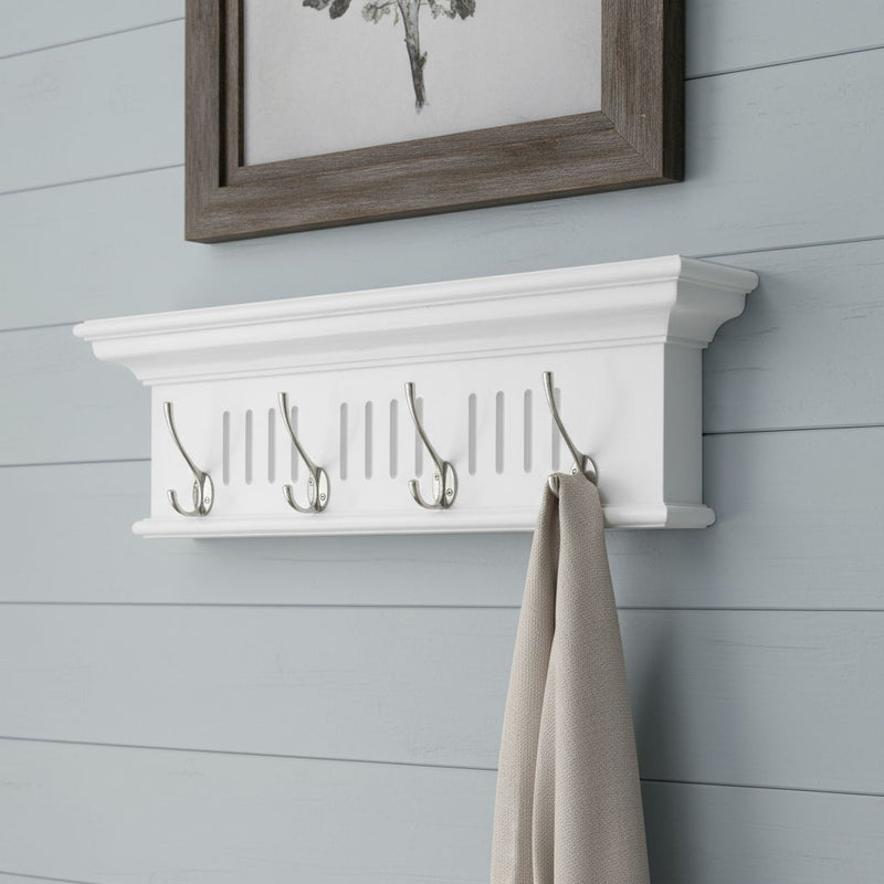 28" Wood Four Hook Wall Mount Coat Rack - White