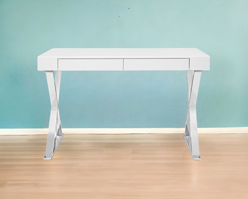 47" x 22" x 29" Writing Desk With Two Drawers - White And Silver