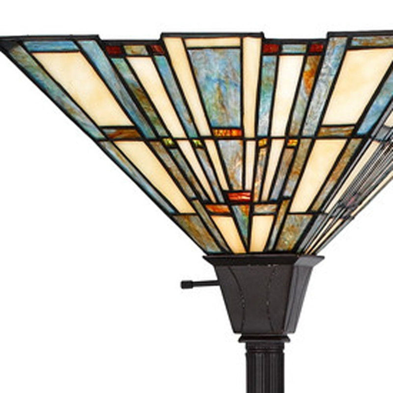 Torchiere Floor Lamp With Gray And Ivory Abstract Tiffany Glass Novelty Shade - Bronze