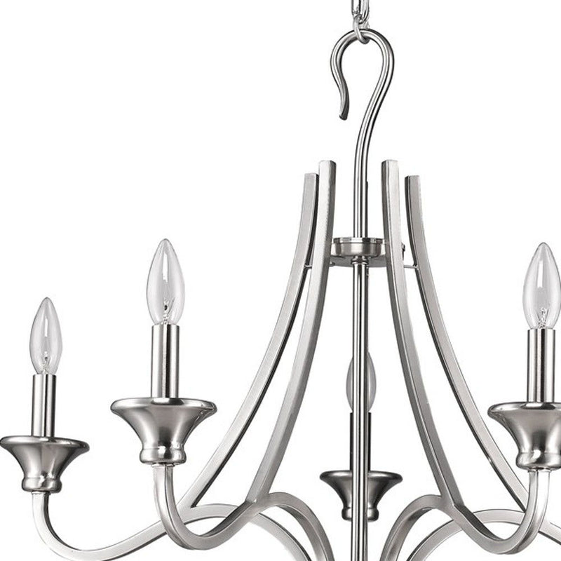 Candle Style Five Light Metal Dimmable Chandelier - Silver