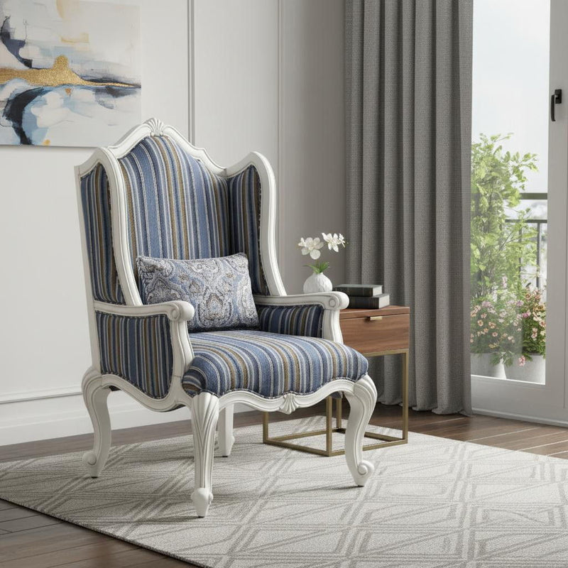 Fabric Striped Wingback Chair - Blue White / Brown
