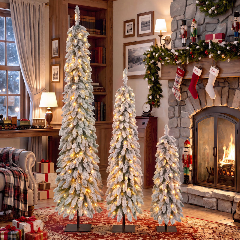 Slim Snow Flocked Pre Lit Pencil Christmas Tree, 3.9Ft / 5.9Ft / 7.9Ft With 750 Branch Tips, 480 LED Lights, Warm Glow, For Indoor Holiday Decor - White