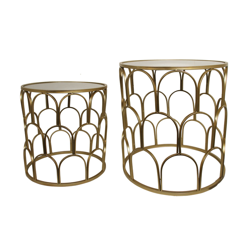 Mirrored Glass Round Drum Nested Tables (Set of 2) - White / Gold