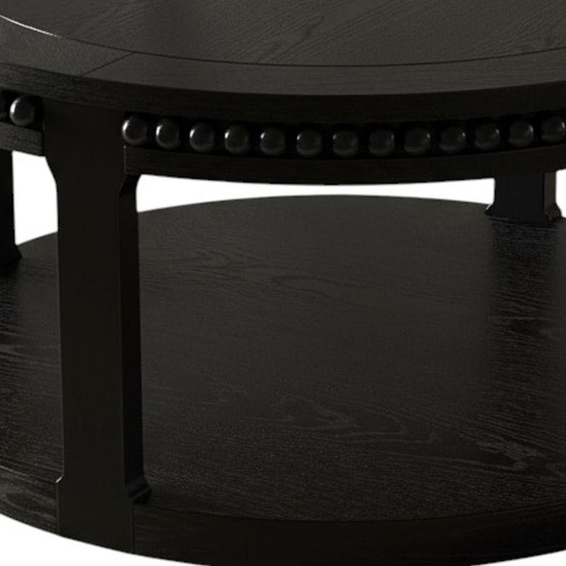 Floor Shelf Beaded Round Coffee Table - Black